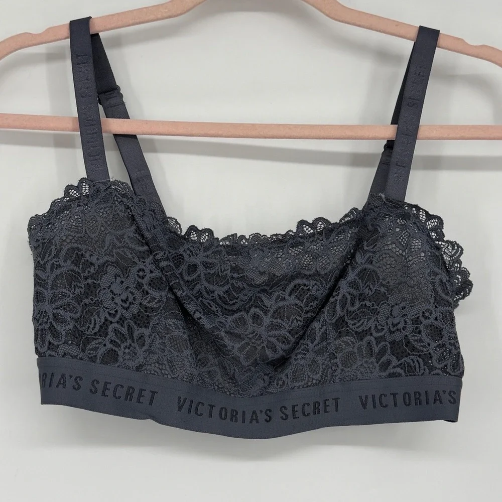 Victorias Secret Logo Band Lace Bralette Dark Grey Floral Scalloped Large L/G